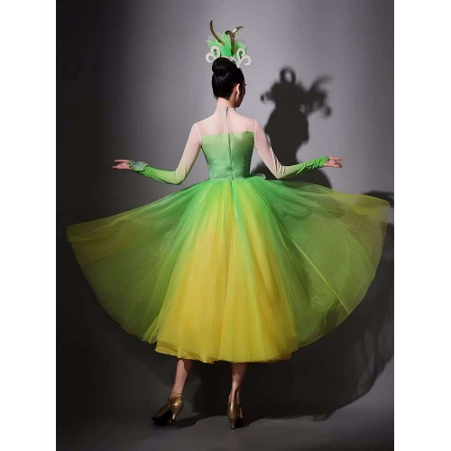 Yellow green long length ballet dance dresses  for women girls Opening dance Singing dancing costumes Contemporary dance tutu skirts for female